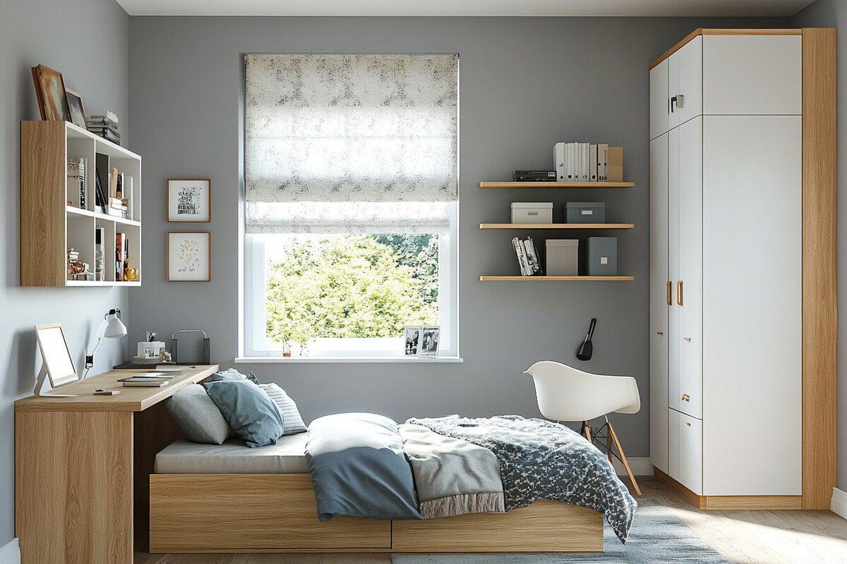 Modern Master Bedroom Design with Double Bed, Study and Wardrobe Modern Master Bedroom Design with Double Bed, Study and Wardrobe