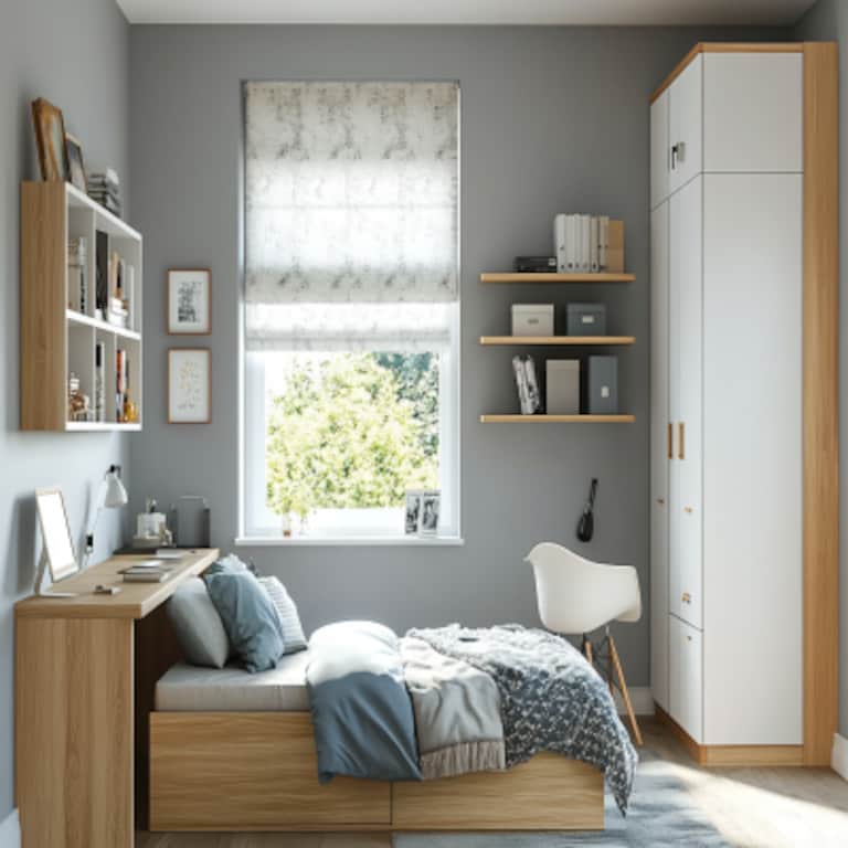 Modern Master Bedroom Design with Double Bed, Study and Wardrobe
