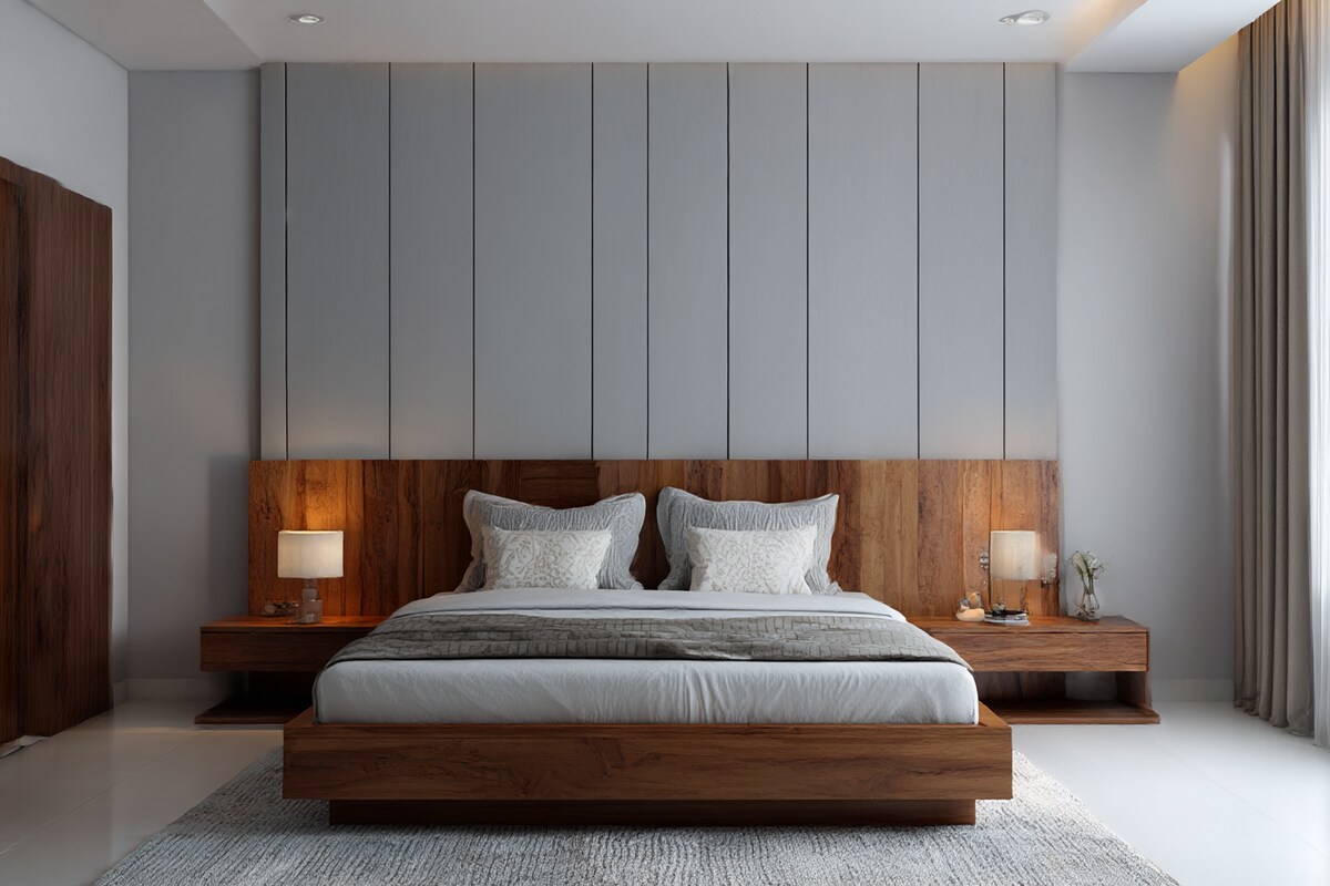 Modern Master Bedroom Design with Dual-Tone Wooden Bed and Panel Wall