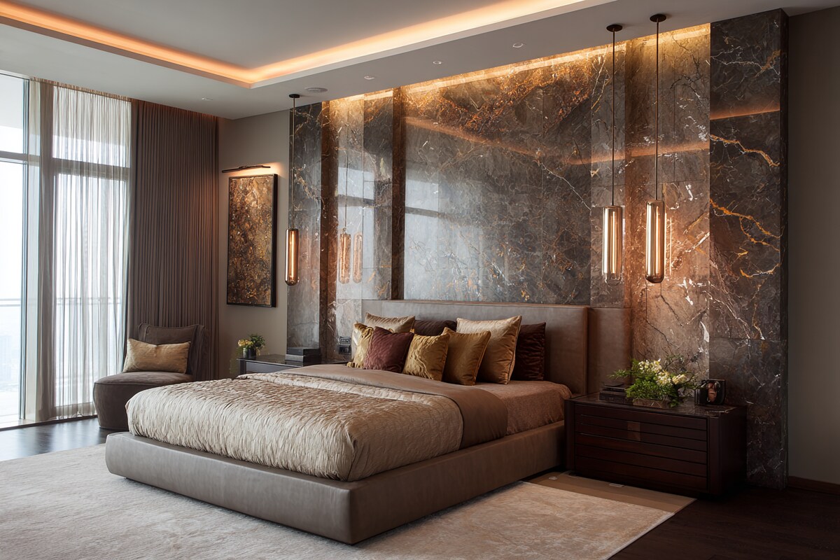 Modern Master Bedroom Design With Elegant Marble Wall Tile Modern Master Bedroom Design With Elegant Marble Wall Tile