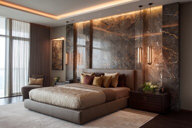 Modern Master Bedroom Design With Elegant Marble Wall Tile