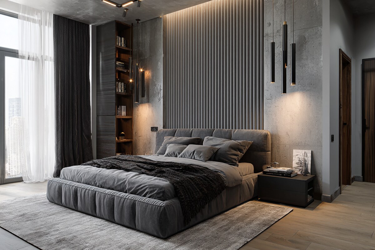 Modern Master Bedroom Design With Grey Fluted Wall Panel Modern Master Bedroom Design With Grey Fluted Wall Panel