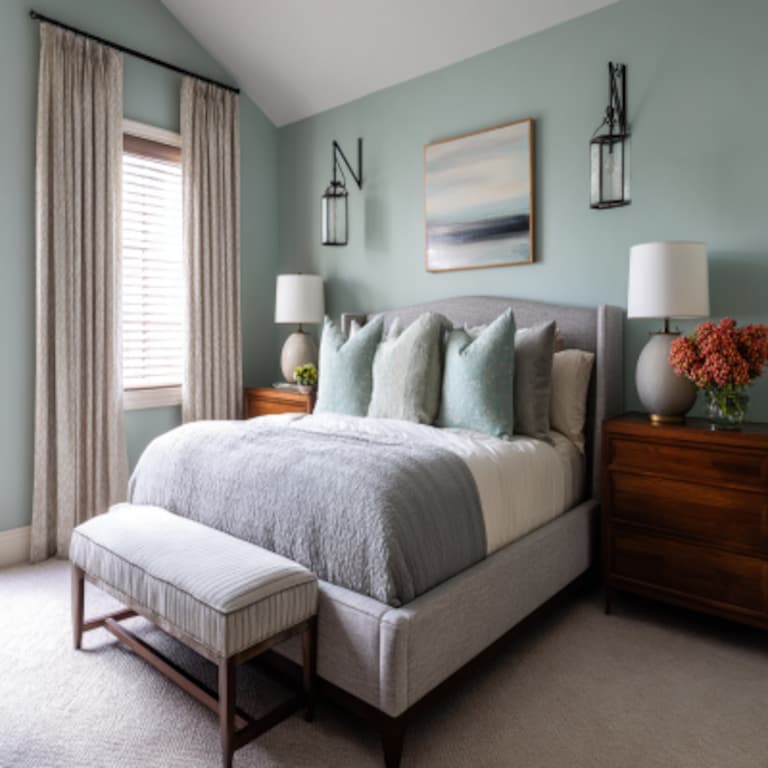 Modern Master Bedroom Design With Grey Upholstered Bed And Mint Green Walls