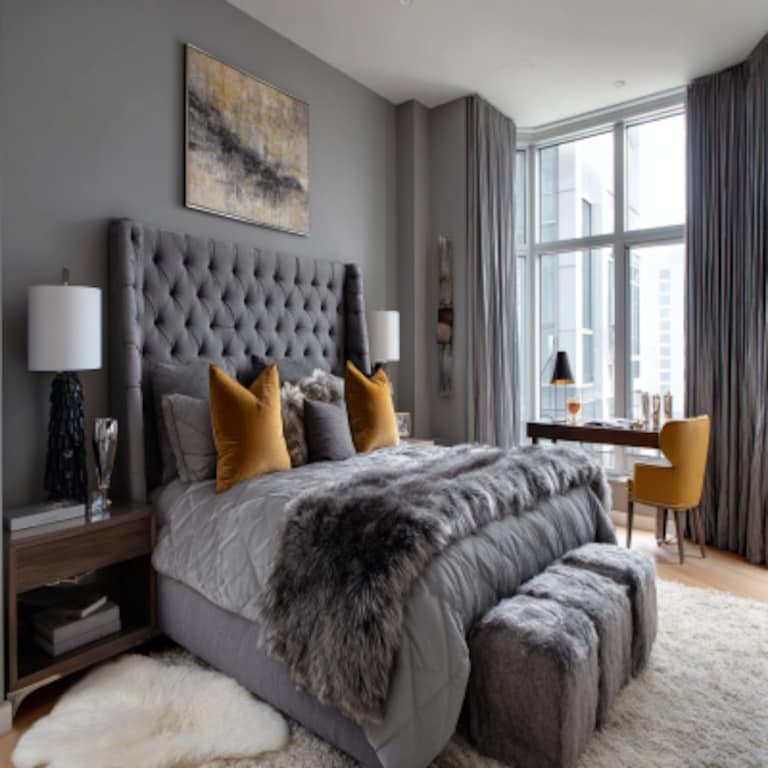 Modern Master Bedroom Design With Grey Upholstered Bed