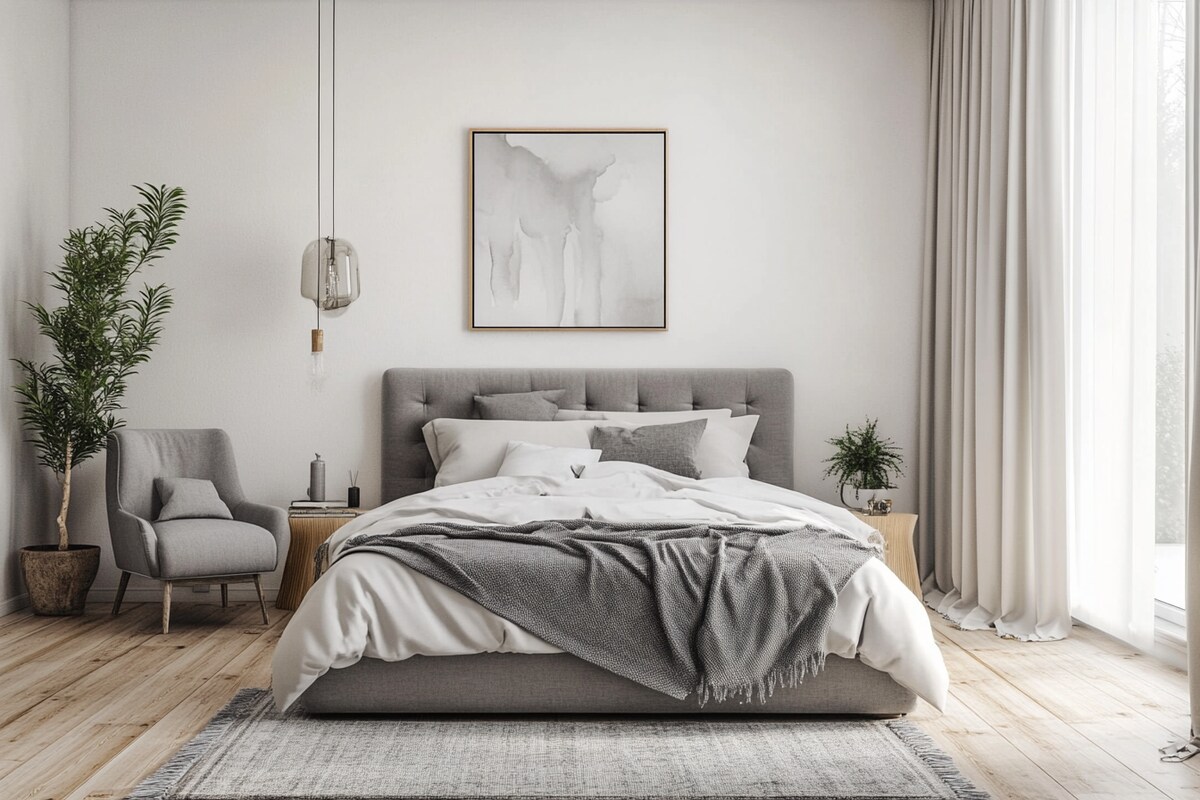Modern Master Bedroom Design with Grey Upholstered Queen Bed Modern Master Bedroom Design with Grey Upholstered Queen Bed