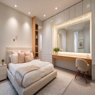 Modern Master Bedroom Design with King Bed, Floating Vanity and Built-In Wardrobe