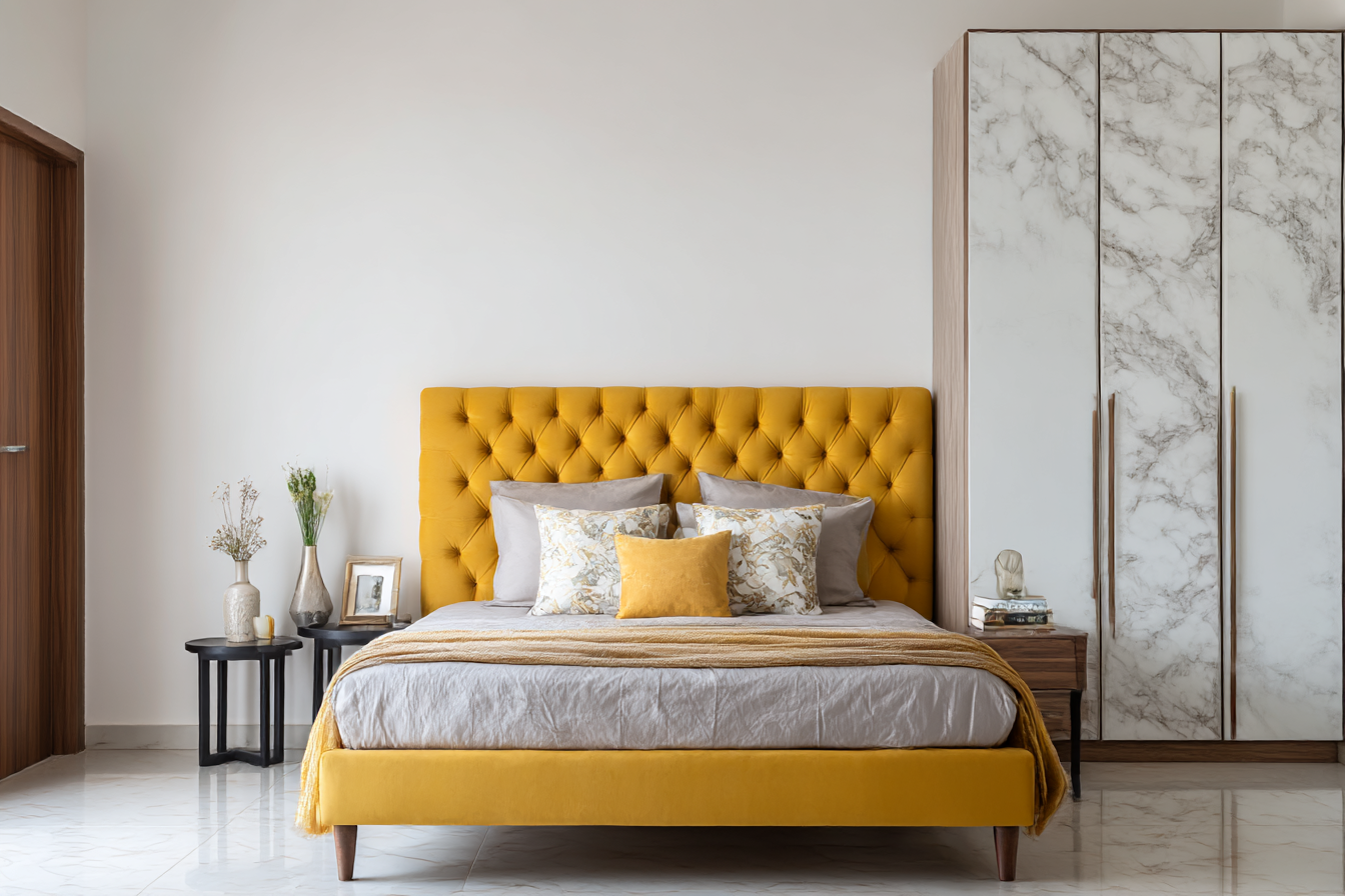 Modern Master Bedroom Design with Mustard Tufted Headboard and Marble ...
