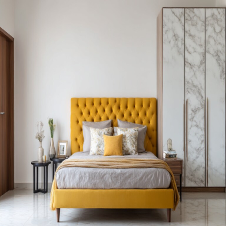 Modern Master Bedroom Design with Mustard Tufted Headboard and Marble Wardrobe Modern Master Bedroom Design with Mustard Tufted Headboard and Marble Wardrobe