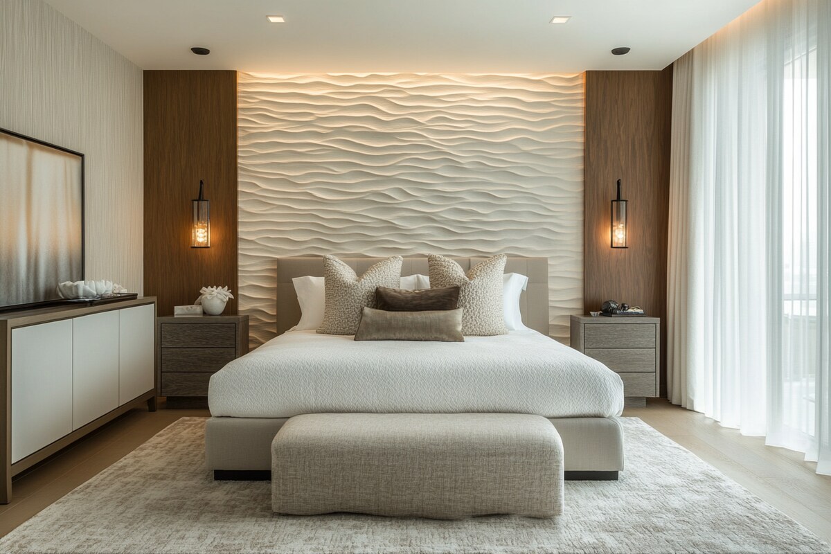 Modern Master Bedroom Design with Textured Accent Wall Modern Master Bedroom Design with Textured Accent Wall