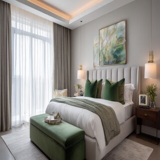Modern Master Bedroom Design with Upholstered King Bed with Green Cushions