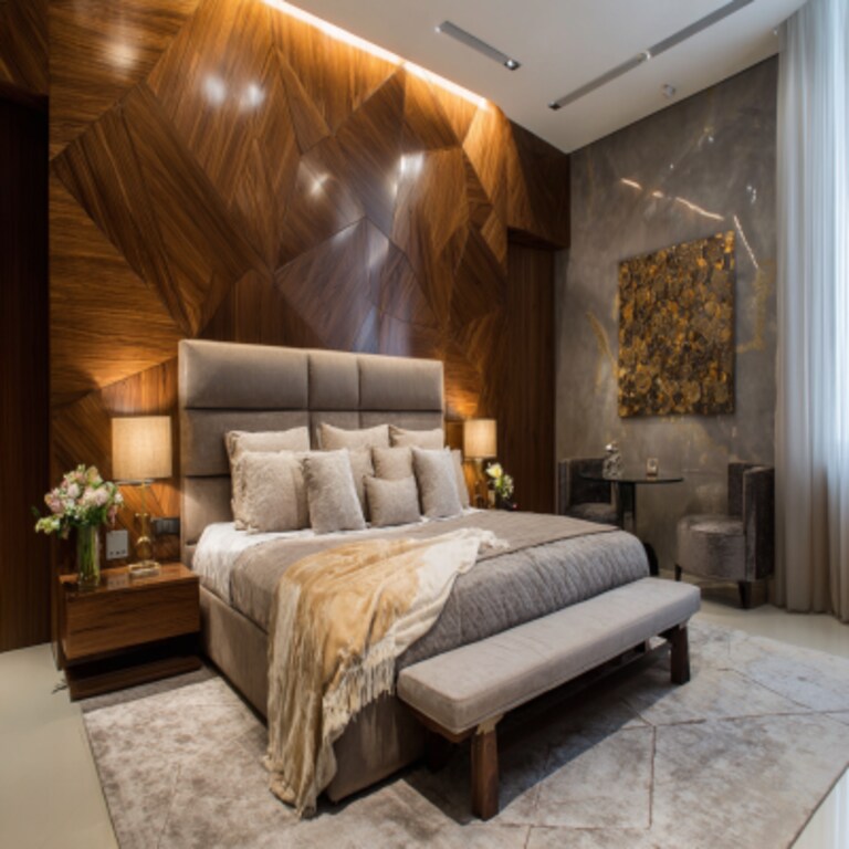 Modern Master Bedroom Design with Upholstered Wooden Wall Panel