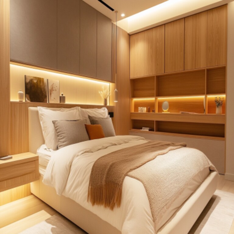 Modern Master Bedroom Design with Wood Accents and LED Shelving