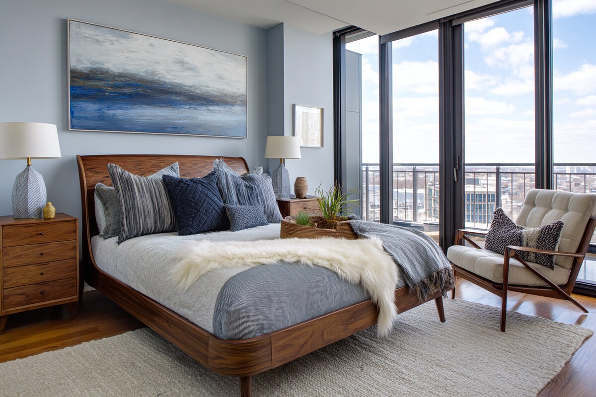 Modern Master Bedroom Design with Wooden Nightstands and Accent Chair