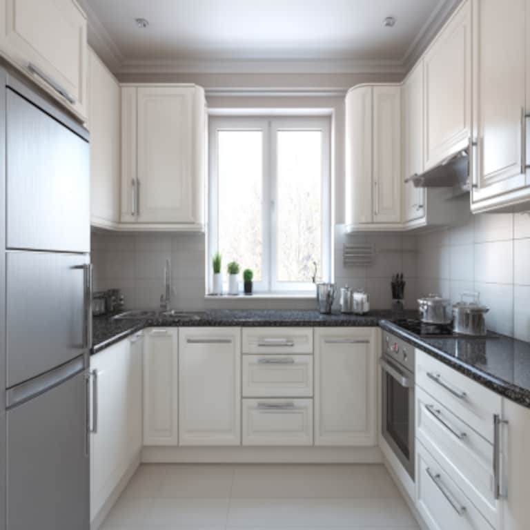 Modern Metallic U-Shaped Kitchen Design with Granite Countertop and White Cabinetry