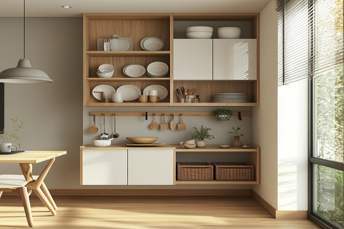 Modern Modular Crockery Unit Design with Open Shelves