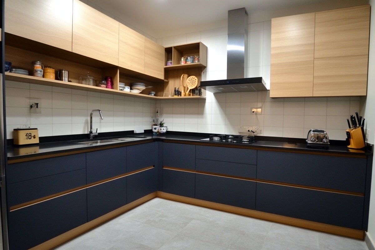 Modern Navy Blue L-Shaped Kitchen Design with Granite Top and LED Lighting Modern Navy Blue L-Shaped Kitchen Design with Granite Top and LED Lighting