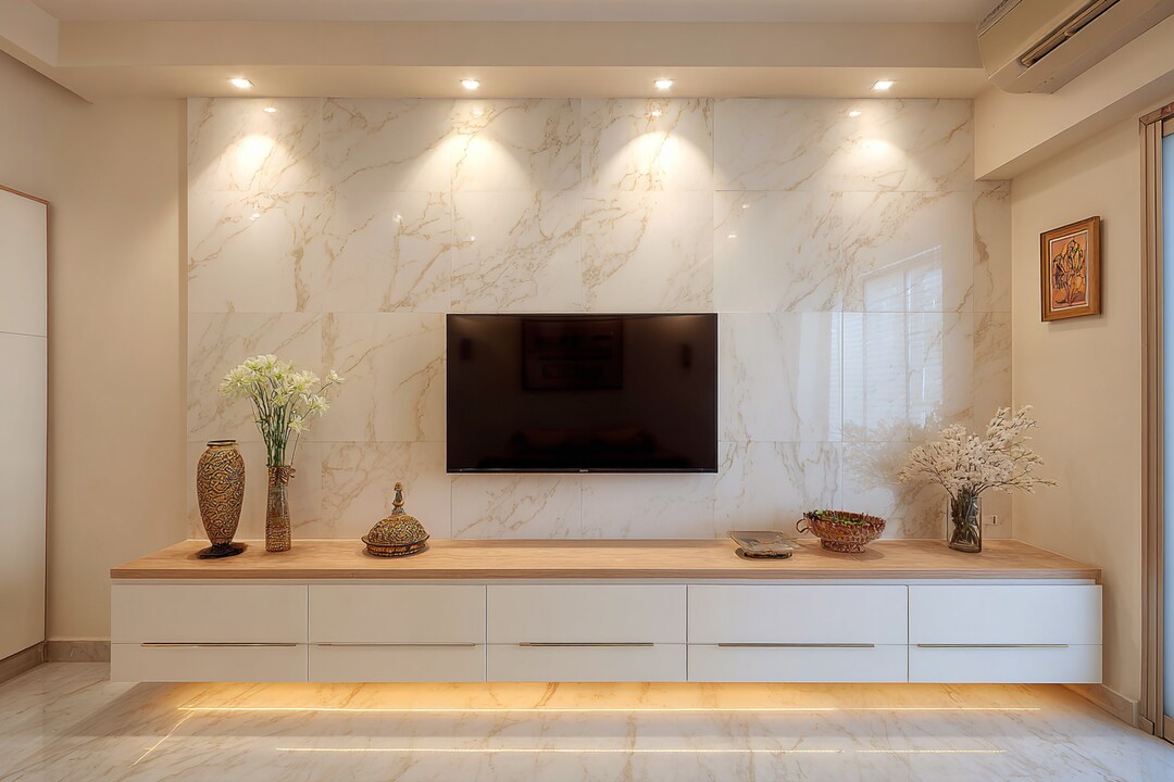 Modern Off-White TV Unit Design With Marble Wall and Lighting