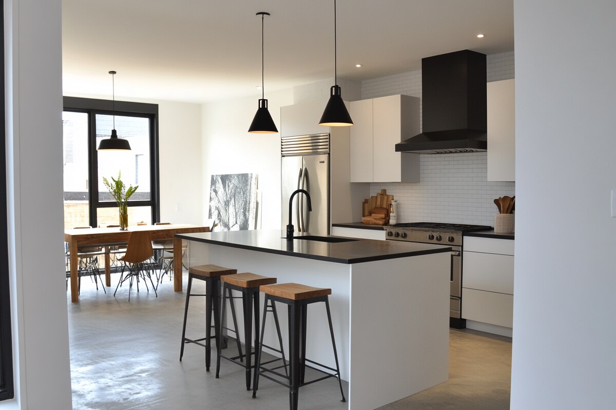 Modern Open Kitchen Design With Black Accents and Exhaust Hood