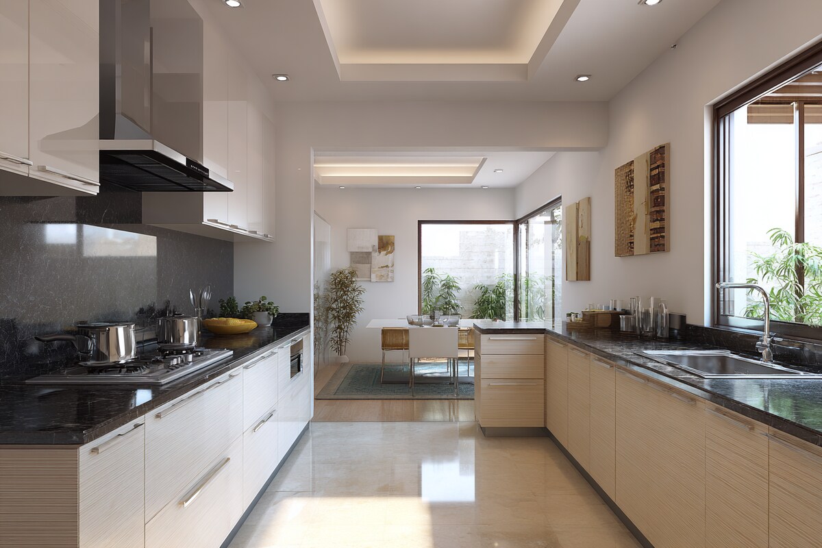 Modern Open Kitchen Design with Granite Countertop and Exhaust Hood Modern Open Kitchen Design with Granite Countertop and Exhaust Hood