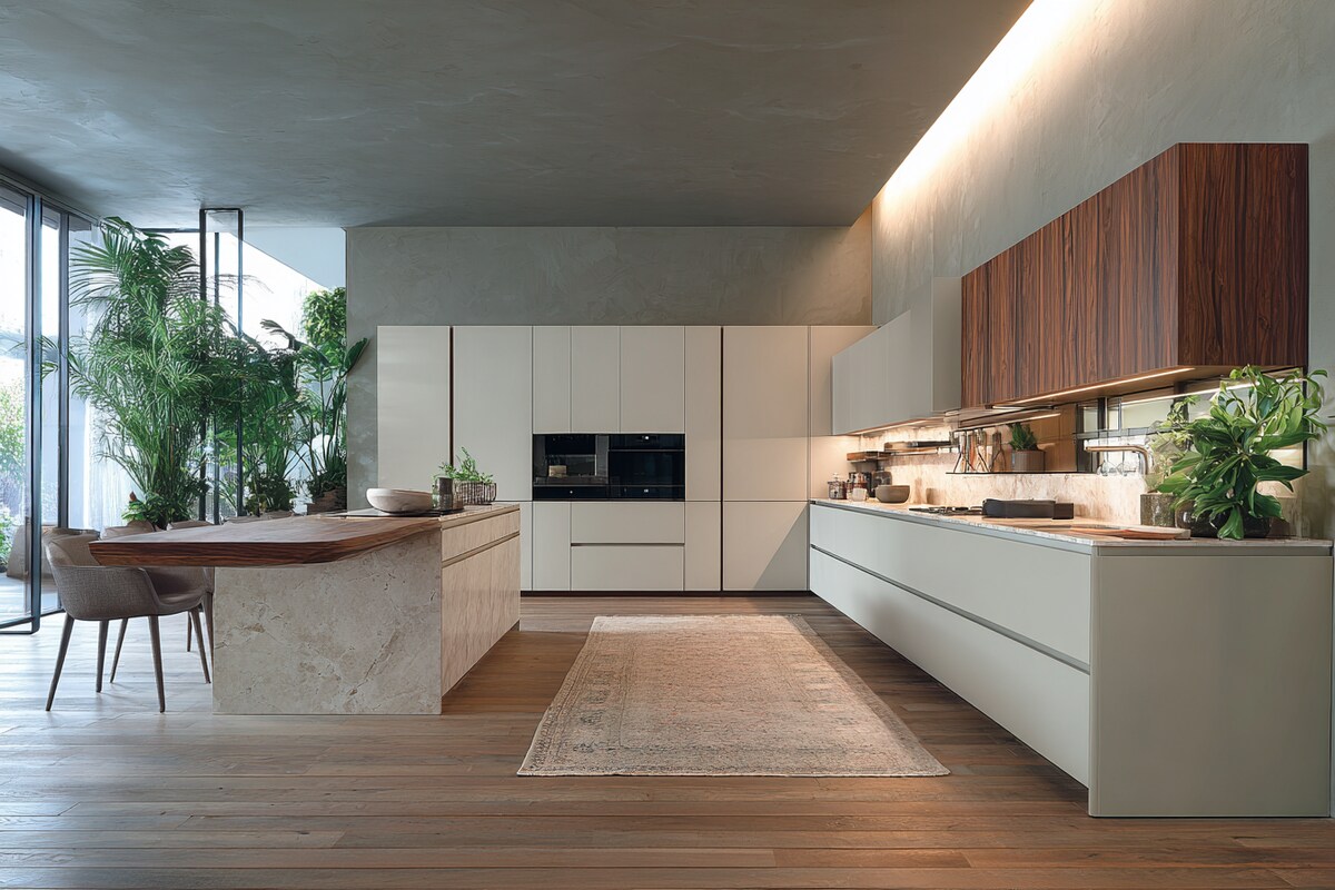 Modern Open Kitchen Design with Handle-less Drawers and Tall Units Modern Open Kitchen Design with Handle-less Drawers and Tall Units