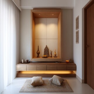Modern Open Pooja Room Design With Wooden Storage