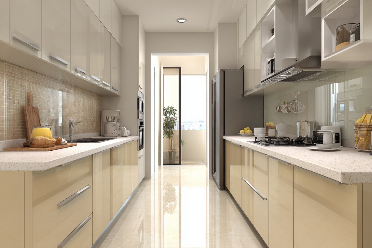 Modern Parallel Kitchen Design With Glossy Cabinets in Silver Frost and Champagne Modern Parallel Kitchen Design With Glossy Cabinets in Silver Frost and Champagne