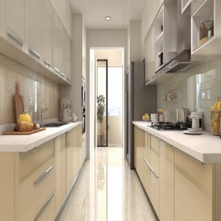 Modern Parallel Kitchen Design With Glossy Cabinets in Silver Frost and Champagne