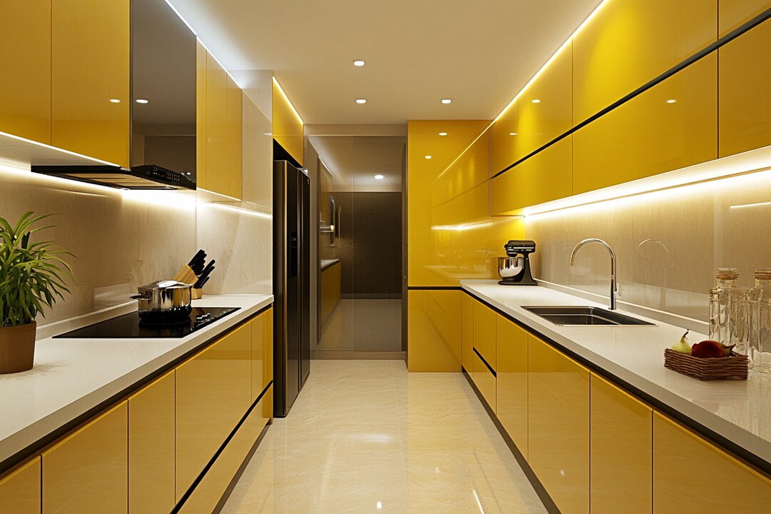 Modern Parallel Kitchen Design with Marrigold Yellow and Champagne Cabinets