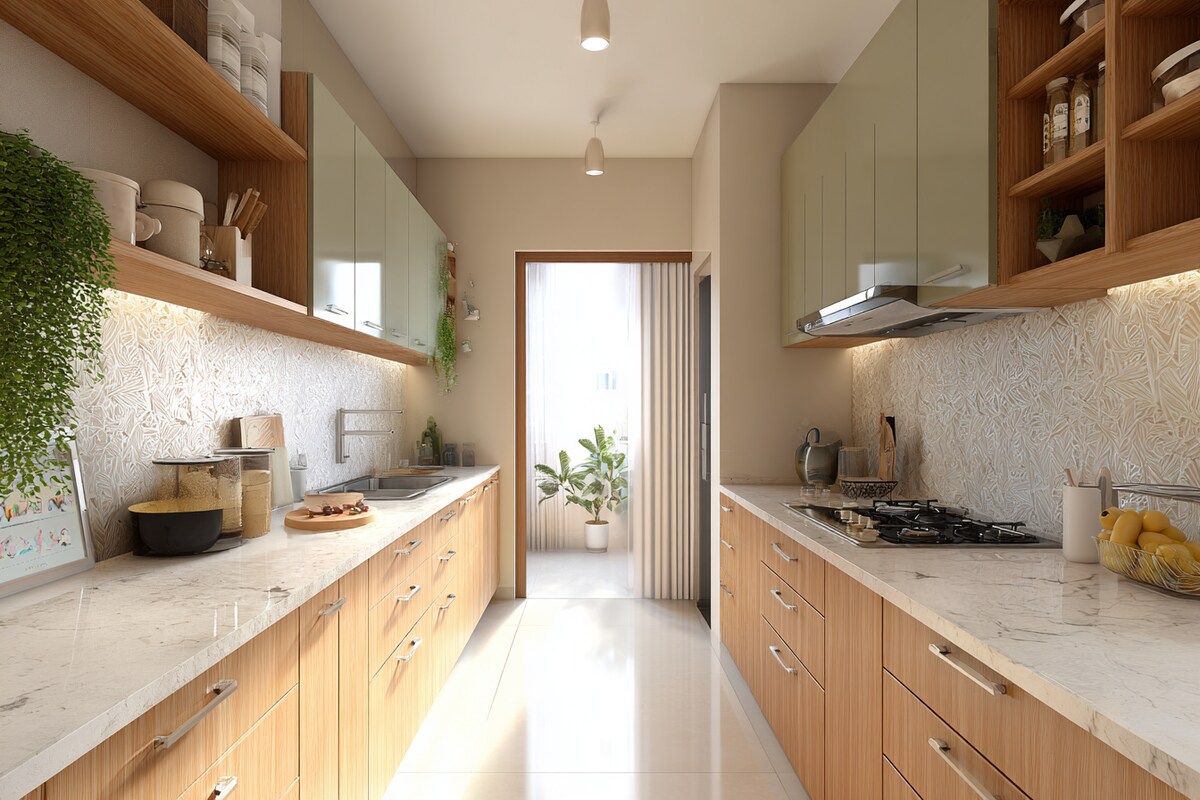 Modern Parallel Kitchen Design with Open Shelves and Backsplash Tiles Modern Parallel Kitchen Design with Open Shelves and Backsplash Tiles