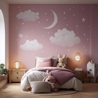 Modern Pastel Pink Wall Paint Design with Moon Stars and Clouds