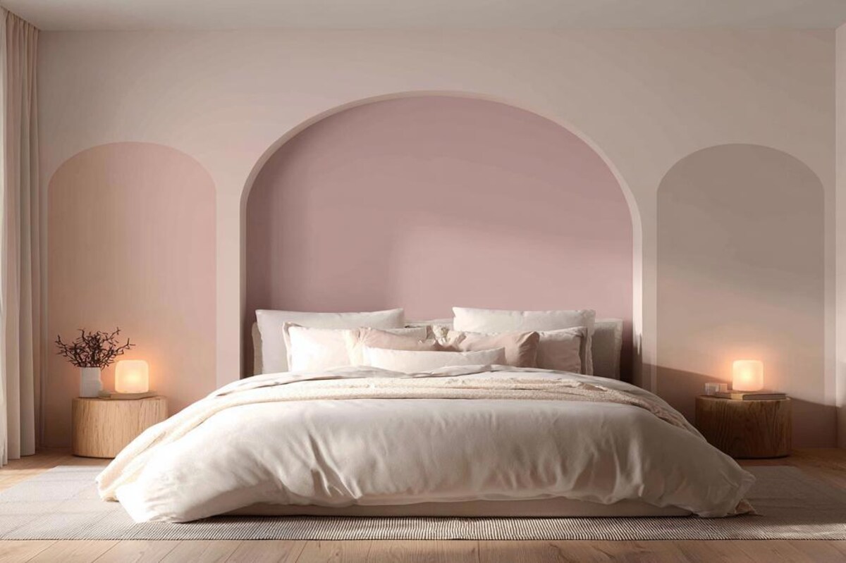 Modern Pink Wall Design with Arched Niche Stickers for Bedrooms Modern Pink Wall Design with Arched Niche Stickers for Bedrooms