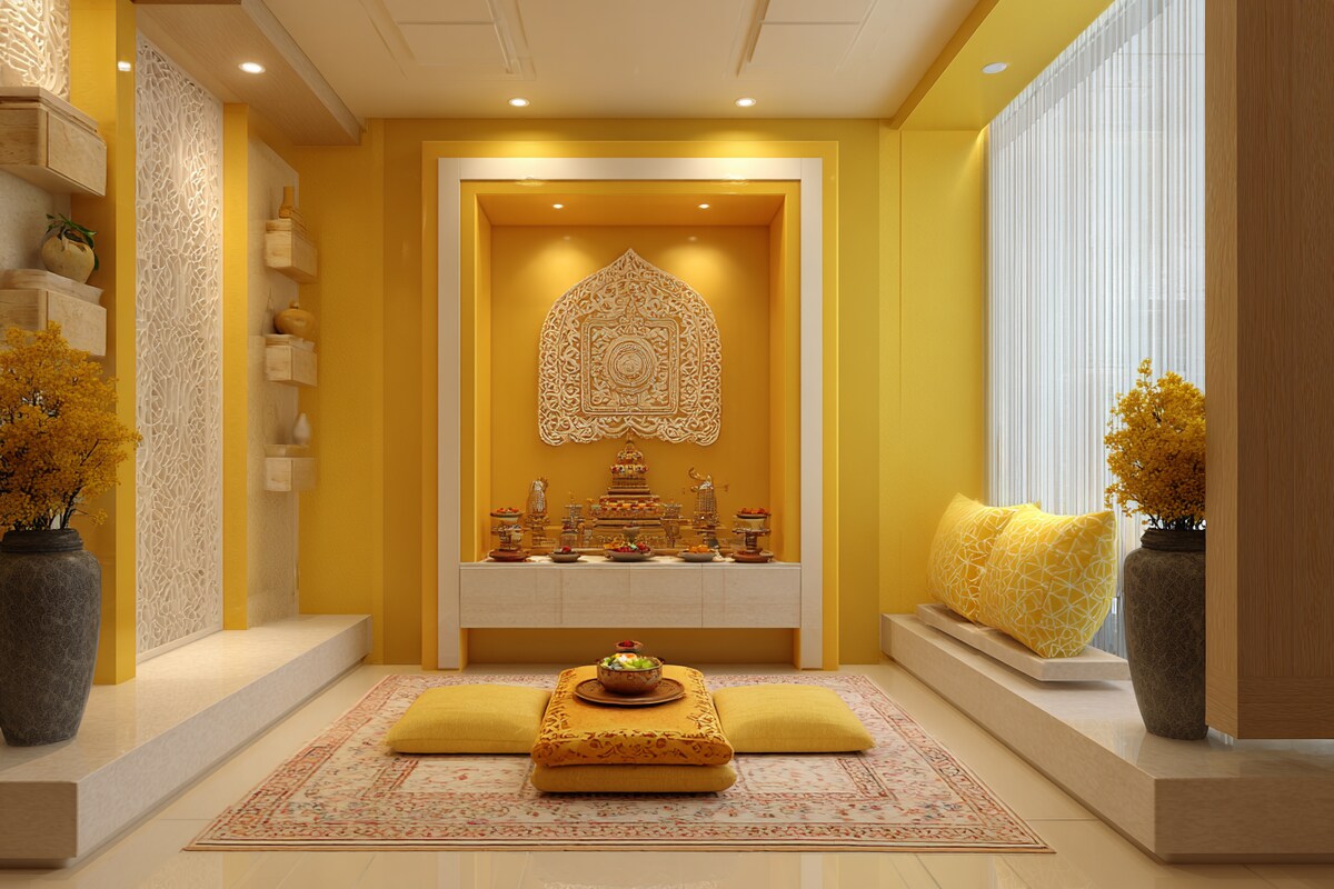 Modern Pooja Room Design In Yellow Modern Pooja Room Design In Yellow