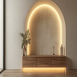 Modern Pooja Room Design With Backlit Arched Alcove
