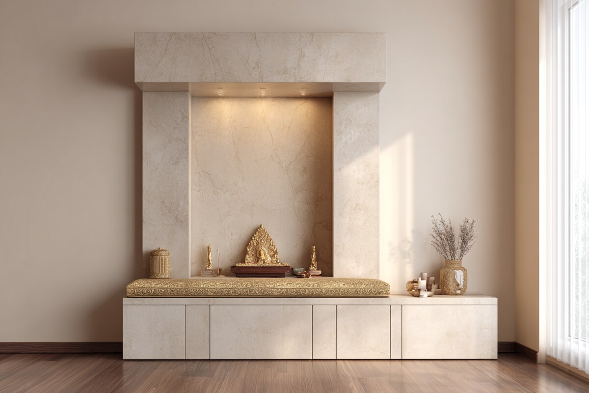 Modern Pooja Room Design With Beige Wall Paint