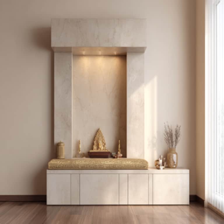 Modern Pooja Room Design With Beige Wall Paint