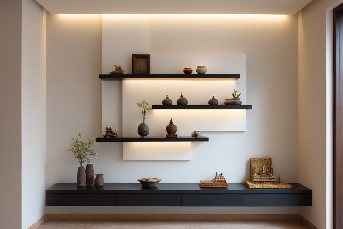 Modern Pooja Room Design With Black Carcass And White Open Ledges Modern Pooja Room Design With Black Carcass And White Open Ledges