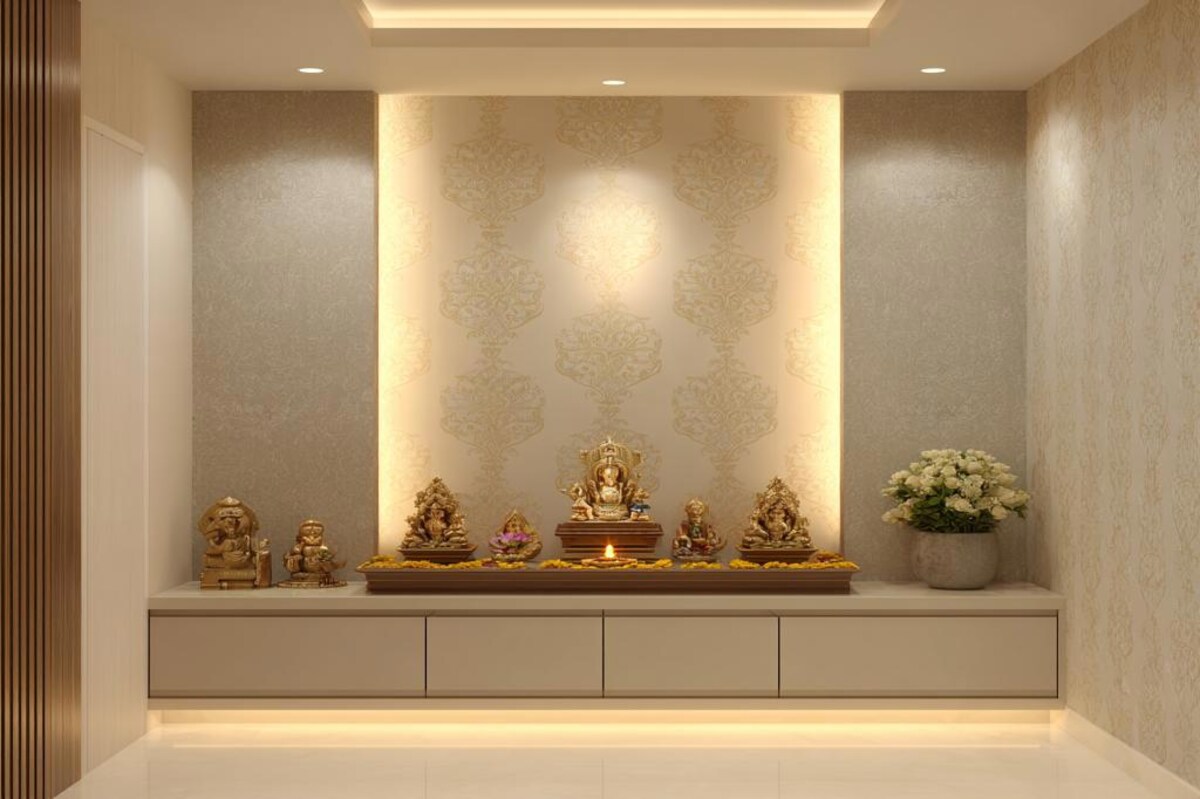 Modern Pooja Room Design With Elegant Wallpaper