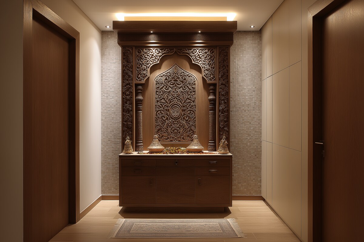 Modern Pooja Room Design With Intricate Carvings Modern Pooja Room Design With Intricate Carvings