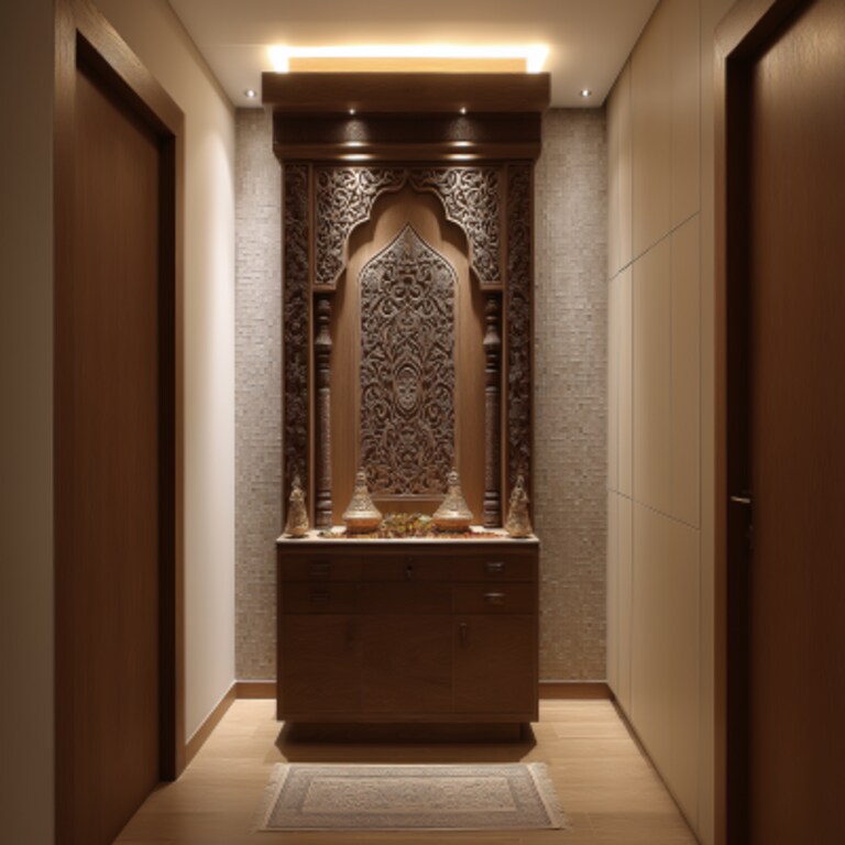 Modern Pooja Room Design With Intricate Carvings