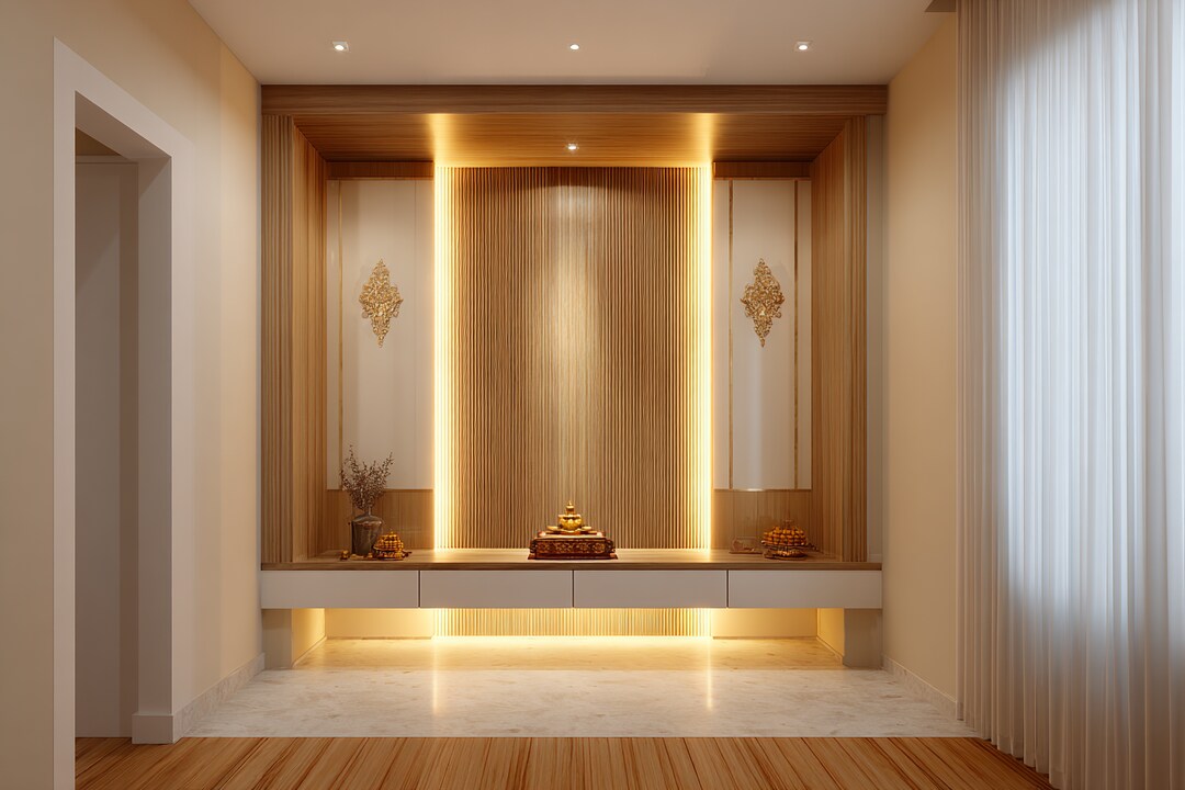 Fresh Look at Modern Pooja Room Design With Subtle Lighting And Wooden Panel