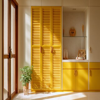 Modern Pooja Room Design With Vibrant Yellow Shutters