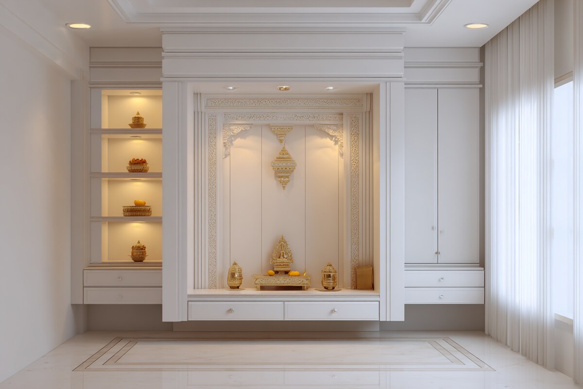 Modern Pooja Room Design With White Theme