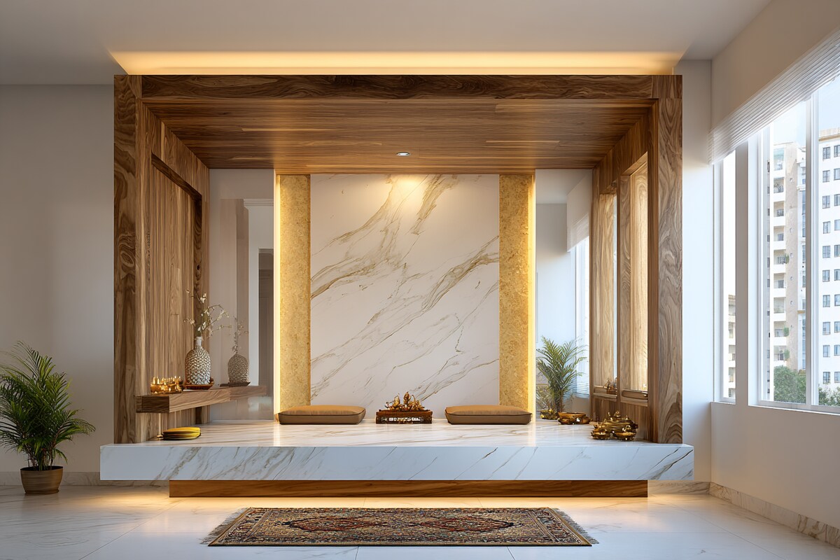 Modern Pooja Room Design With Wooden Beams