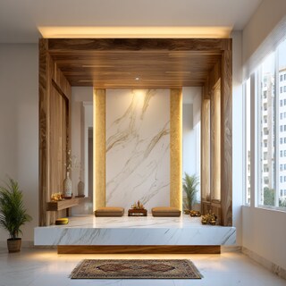 Modern Pooja Room Design With Wooden Beams