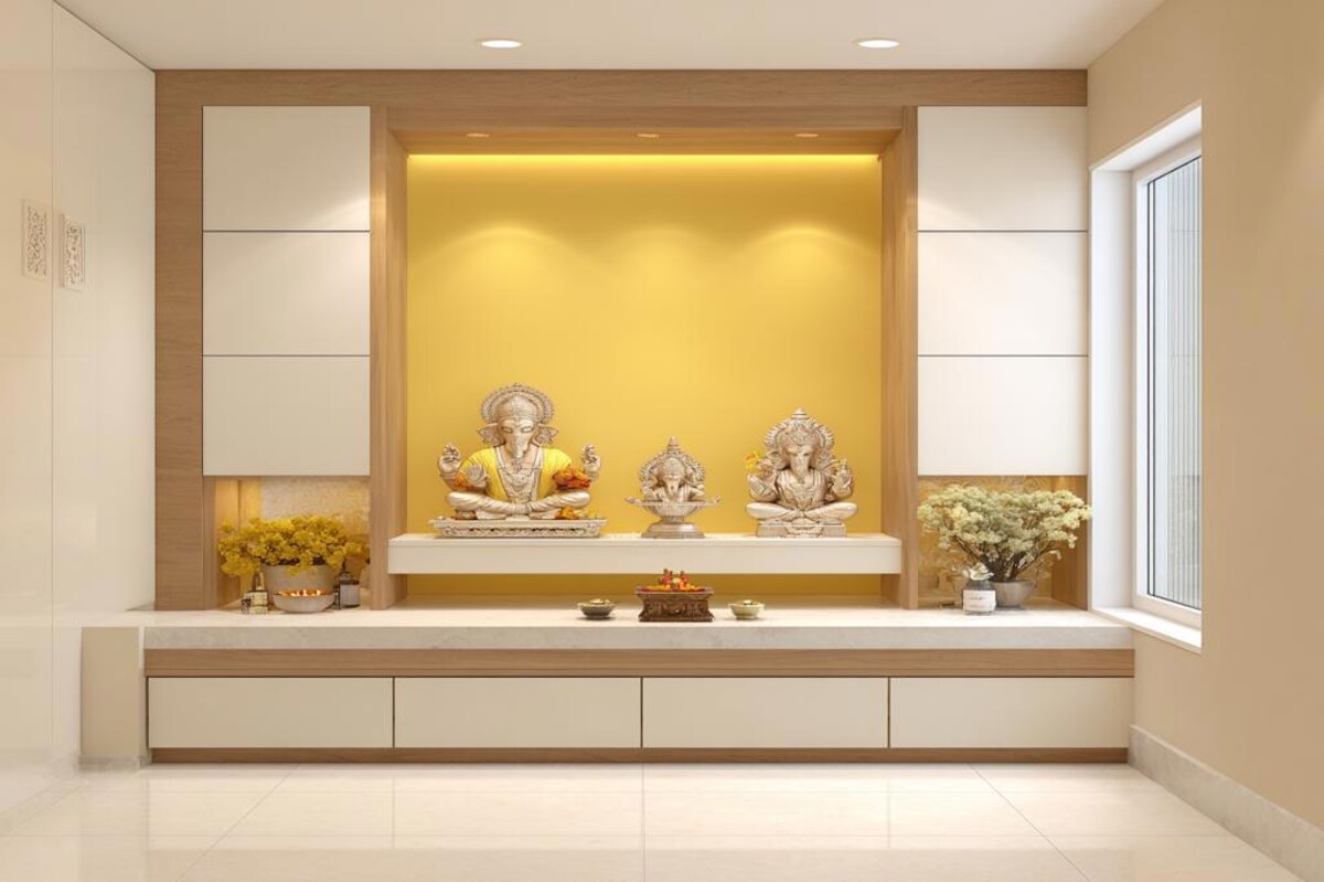 Modern Pooja Room Design With Yellow Wall