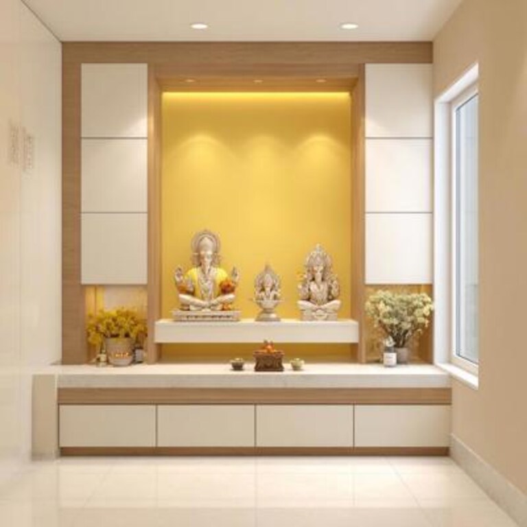 Modern Pooja Room Design With Yellow Wall