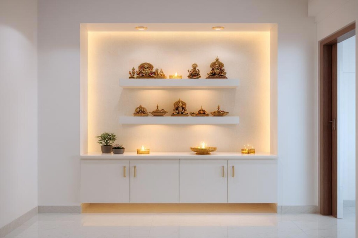 Modern Pooja Room With Wall Mounted Shelves And White Storage Cabinet