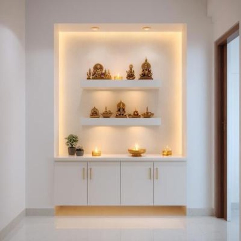 Modern Pooja Room With Wall Mounted Shelves And White Storage Cabinet