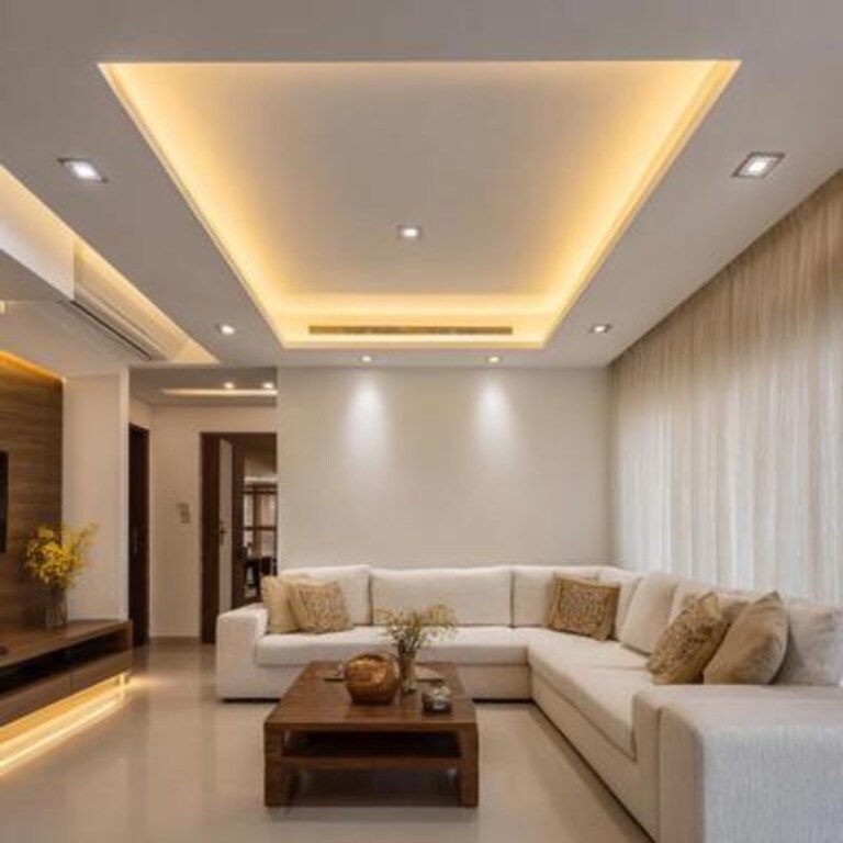 Modern POP L Shaped False Ceiling Design with Recessed Lighting and Paint Finish Modern POP L Shaped False Ceiling Design with Recessed Lighting and Paint Finish