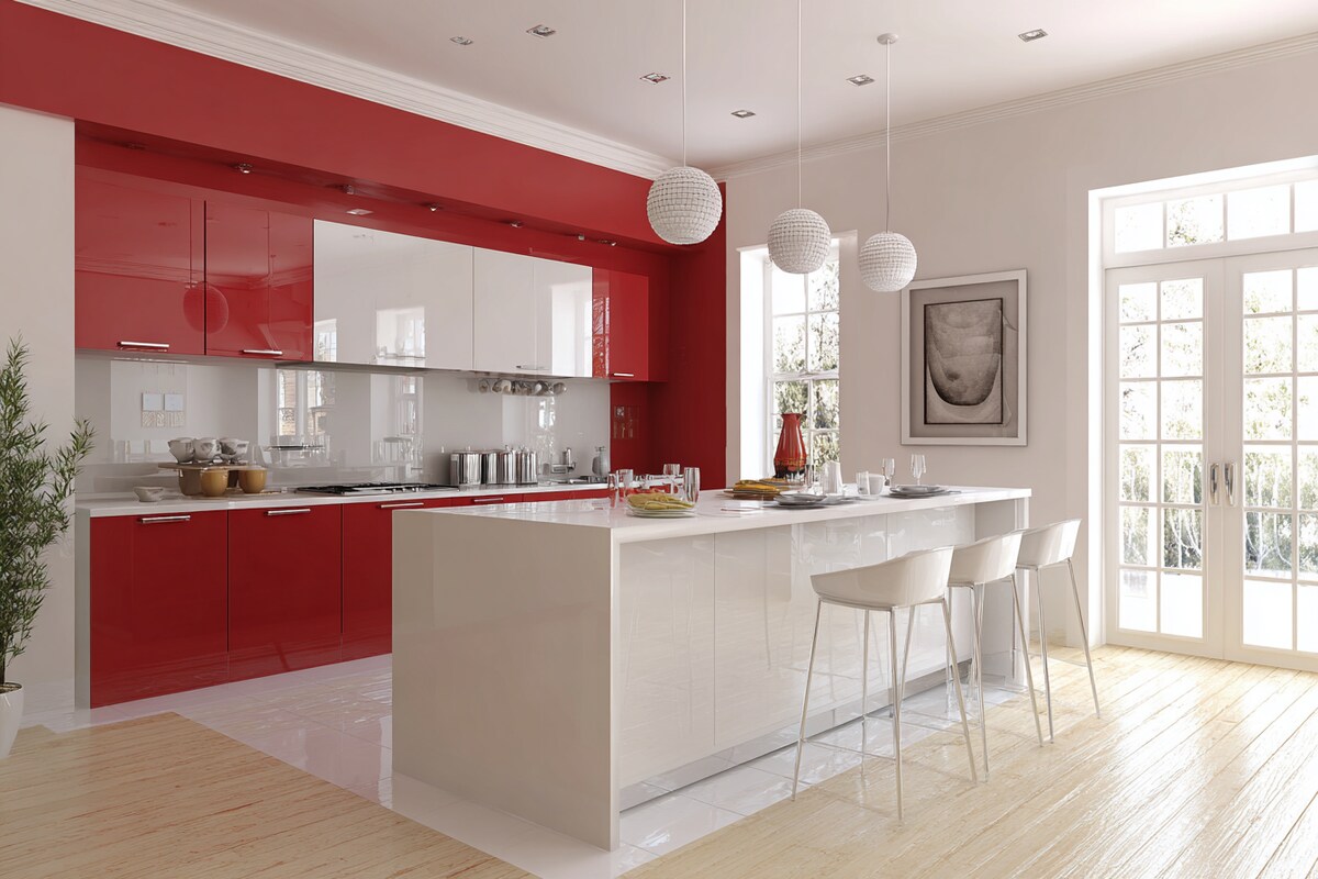 Modern Red and White Wall Colour Combination for Kitchen with Glossy Cabinets and Breakfast Counter Modern Red and White Wall Colour Combination for Kitchen with Glossy Cabinets and Breakfast Counter